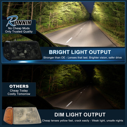 Ronnin - Compatible con Ford Ranger 2001-2011  Juego de montaje de faros delanteros de repuesto + intermitentes de esquina transparentes | Ahumado