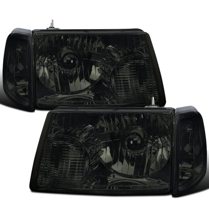 Ronnin - Compatible con Ford Ranger 2001-2011  Juego de montaje de faros delanteros de repuesto + intermitentes de esquina transparentes | Ahumado