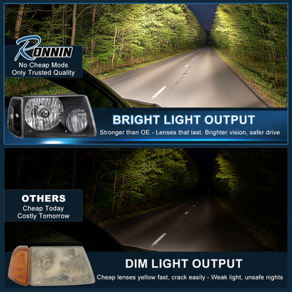 Ronnin - Fits 2001-2011 Ford Ranger Factory Replacement Headlights + Clear Corner Turn Signal Lights Assembly Pair | Black