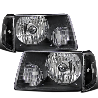 Ronnin - Fits 2001-2011 Ford Ranger Factory Replacement Headlights + Clear Corner Turn Signal Lights Assembly Pair | Black