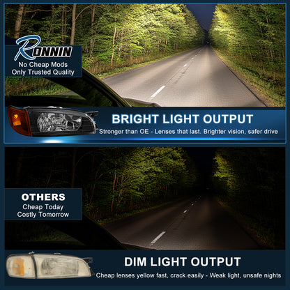 Ronnin - Compatible con Subaru Impreza 1995-2001, par de faros delanteros de repuesto y luces de intermitencia con esquina ámbar | Negras