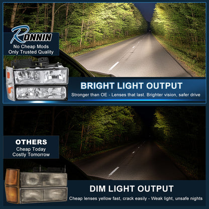 Ronnin - Compatible con Chevy GMC C10 C/K Sierra Silverado Blazer Yukon Tahoe de 1988-1993, par de faros delanteros de repuesto + luces direccionales de parachoques + conjunto de luces de estacionamiento de esquina | Cromo