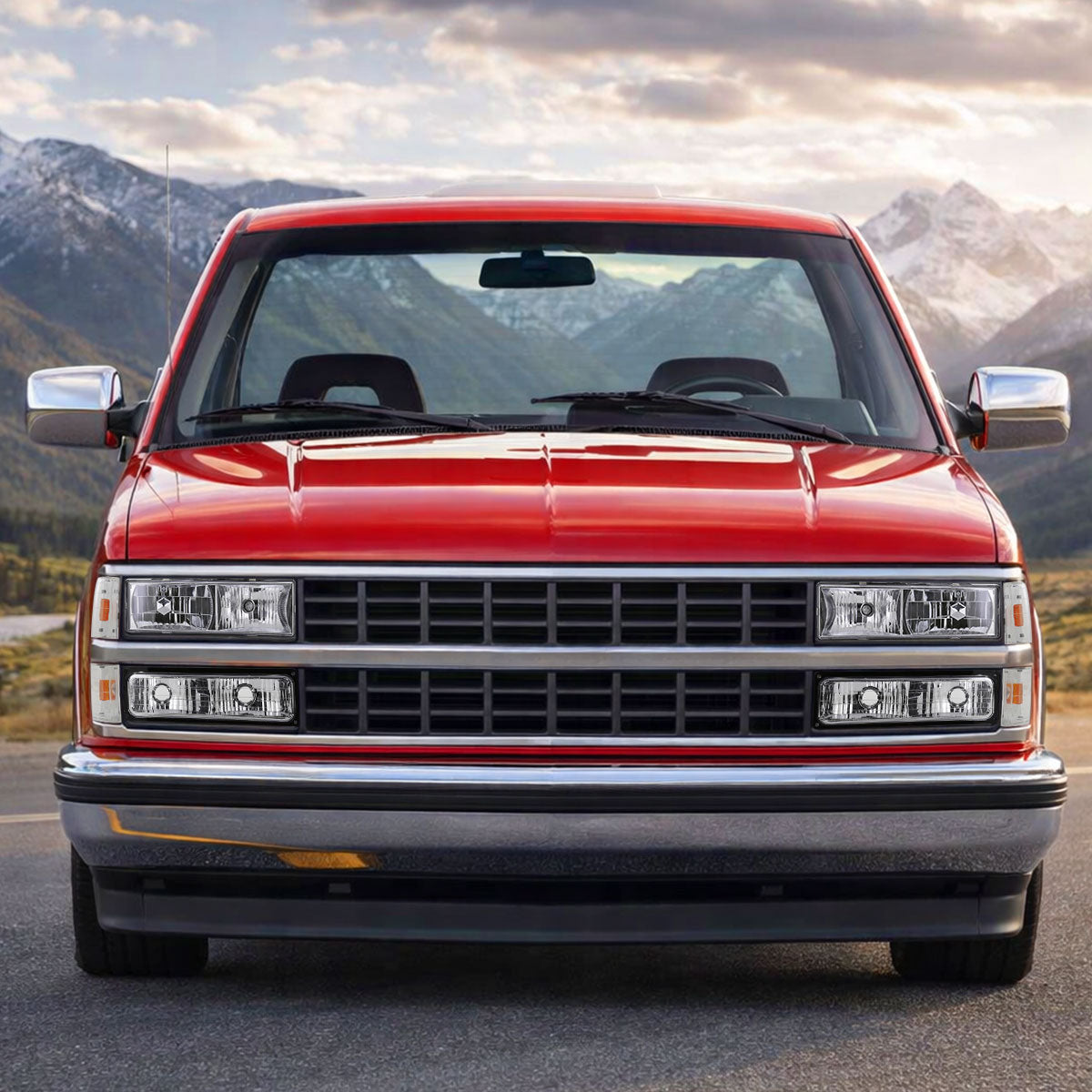 Ronnin - Compatible con Chevy GMC C10 C/K Sierra Silverado Blazer Yukon Tahoe de 1988-1993, par de faros delanteros de repuesto + luces direccionales de parachoques + conjunto de luces de estacionamiento de esquina | Cromo