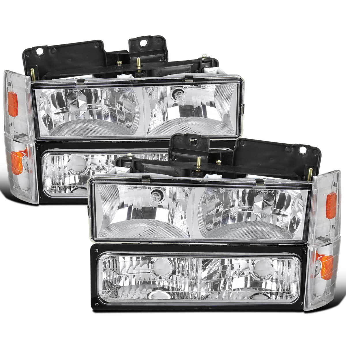 Ronnin - Compatible con Chevy GMC C10 C/K Sierra Silverado Blazer Yukon Tahoe de 1988-1993, par de faros delanteros de repuesto + luces direccionales de parachoques + conjunto de luces de estacionamiento de esquina | Cromo