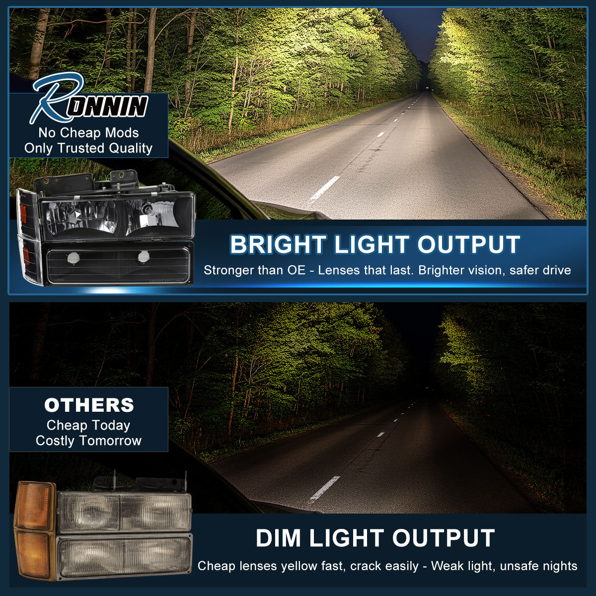 Ronnin - Faros de repuesto + luces de intermitentes de parachoques + luces de estacionamiento de esquina para Chevy GMC C10 C/K Sierra Silverado Blazer Yukon Tahoe de 1988-1993 | Par de unidades negras