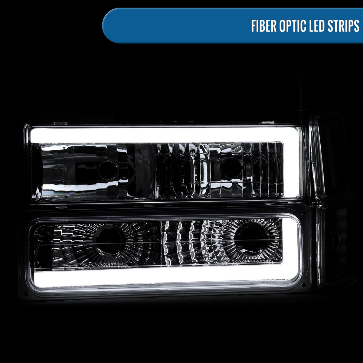 Ronnin - Fits 1994-1998 Chevy C10 C/K Silverado Suburban Tahoe LED Tube Headlights + Corner Bumper Parking Lights Assembly Pair | Smoke