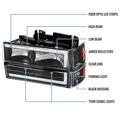 Ronnin - Fits 1994-1998 Chevy C10 C/K Silverado Suburban Tahoe LED Tube Headlights + Corner Bumper Parking Lights Assembly Pair | Black