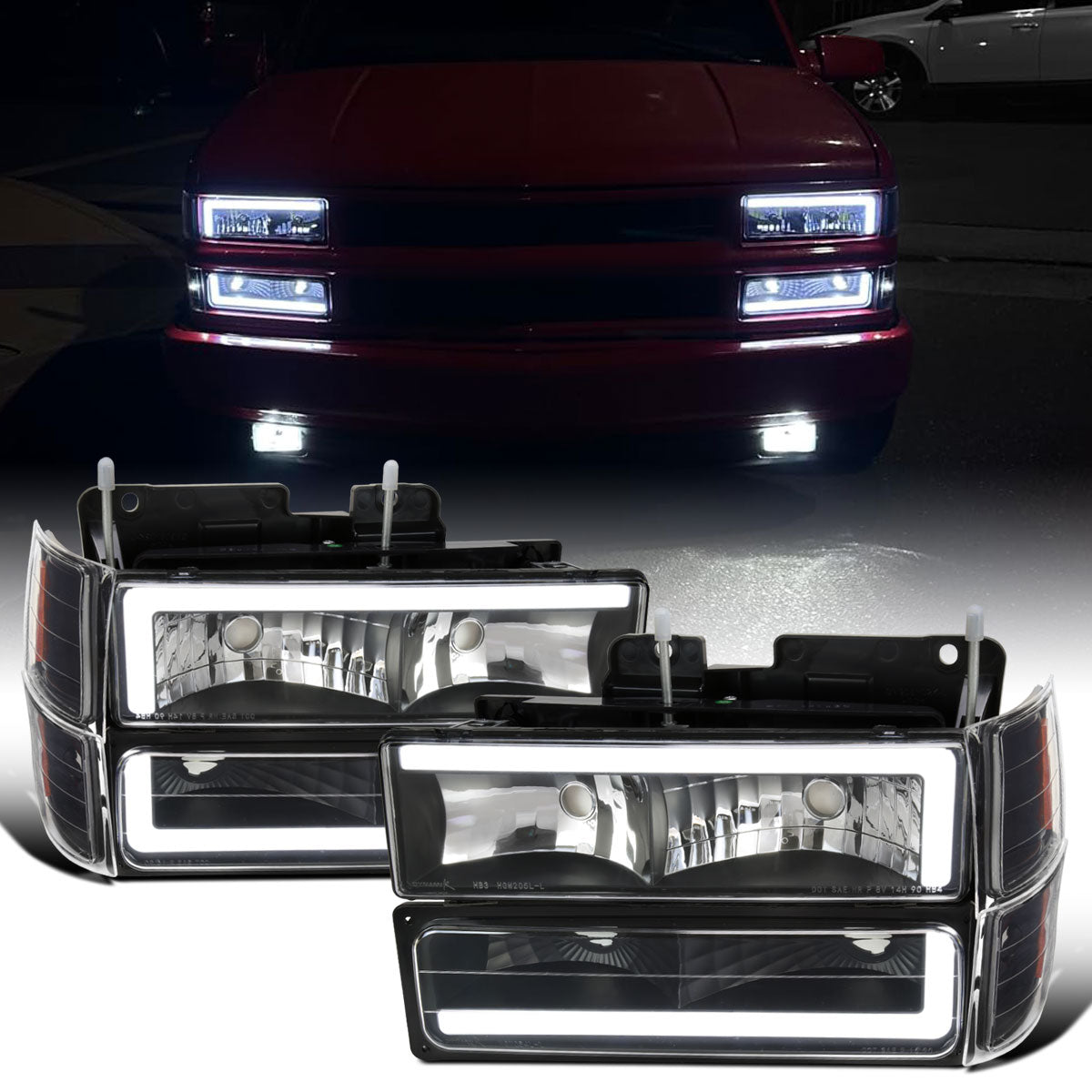 Ronnin - Fits 1994-1998 Chevy C10 C/K Silverado Suburban Tahoe LED Tube Headlights + Corner Bumper Parking Lights Assembly Pair | Black