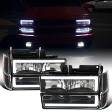Ronnin - Fits 1994-1998 Chevy C10 C/K Silverado Suburban Tahoe LED Tube Headlights + Corner Bumper Parking Lights Assembly Pair | Black
