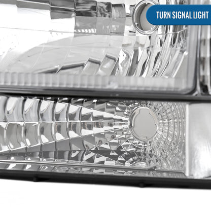 Ronnin - Fits 1992-1996 Ford F150 F250 F350 Bronco Factory Replacement Headlights + Bumper Lights + Corner Lights Assembly Pair | Chrome
