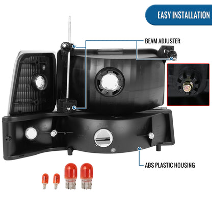 Ronnin - Fits 1992-1996 Ford F150 F250 F350 Bronco Factory Replacement Headlights + Bumper Lights + Corner Lights Assembly Pair | Chrome