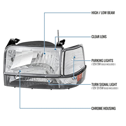 Ronnin - Fits 1992-1996 Ford F150 F250 F350 Bronco Factory Replacement Headlights + Bumper Lights + Corner Lights Assembly Pair | Chrome