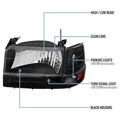 Ronnin - Fits 1992-1996 Ford F150 F250 F350 Bronco Factory Replacement Headlights + Bumper Lights + Corner Lights Assembly Pair | Black