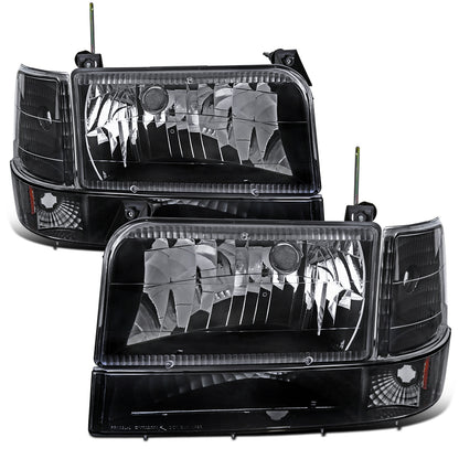 Ronnin - Fits 1992-1996 Ford F150 F250 F350 Bronco Factory Replacement Headlights + Bumper Lights + Corner Lights Assembly Pair | Black