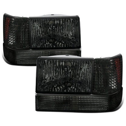 Ronnin - Fits 1993-1996 Jeep Grand Cherokee Replacement Headlights + Bumper Turn Signals Lights + Corner Parking Lamps Assembly Pair | Smoke