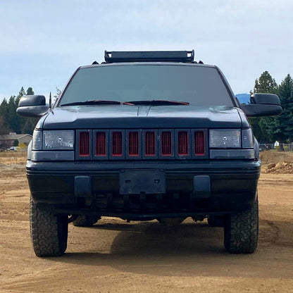 Ronnin - Compatible con Jeep Grand Cherokee de 1993-1996, faros delanteros de repuesto + luces direccionales de parachoques + conjunto de luces de estacionamiento de esquina, par | Negro