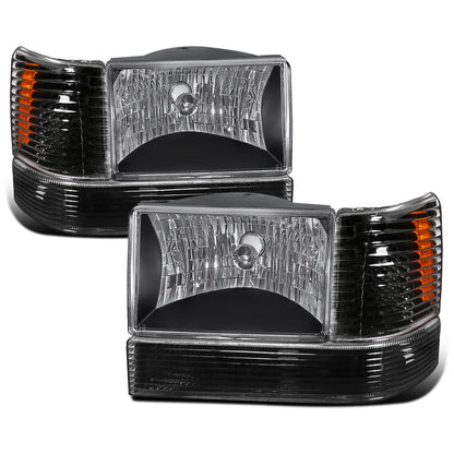 Ronnin - Fits 1993-1996 Jeep Grand Cherokee Replacement Headlights + Bumper Turn Signals Lights + Corner Parking Lamps Assembly Pair | Black