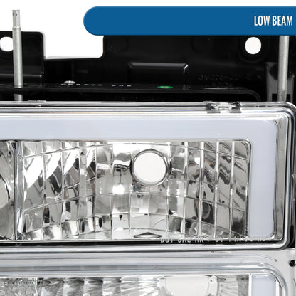 Ronnin - Fits 1994-1999 GMC C10 C/K Suburban Sierra Yukon LED Tube Headlights + Corner Bumper Parking Lights Assembly Pair | Chrome