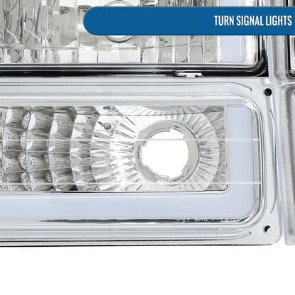 Ronnin - Fits 1994-1999 GMC C10 C/K Suburban Sierra Yukon LED Tube Headlights + Corner Bumper Parking Lights Assembly Pair | Chrome