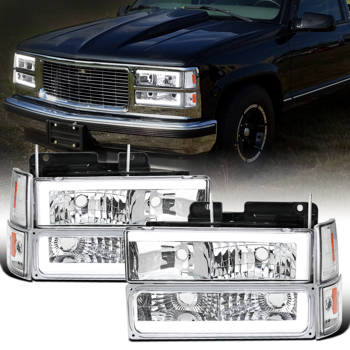 Ronnin - Fits 1994-1999 GMC C10 C/K Suburban Sierra Yukon LED Tube Headlights + Corner Bumper Parking Lights Assembly Pair | Chrome