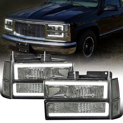 Ronnin - Fits 1994-1999 GMC C10 C/K Suburban Sierra Yukon LED Tube Headlights + Corner Bumper Parking Lights Assembly Pair | Smoke