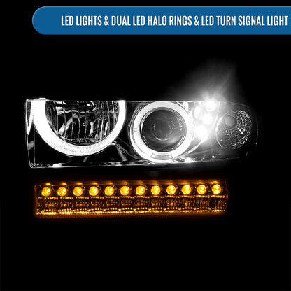 Ronnin - Fits 1998-2004 Chevy S10 Blazer Upgrade LED Halo Rims Projector Headlights + LED Turn Signal Bumper Lights Assembly Pair | Chrome