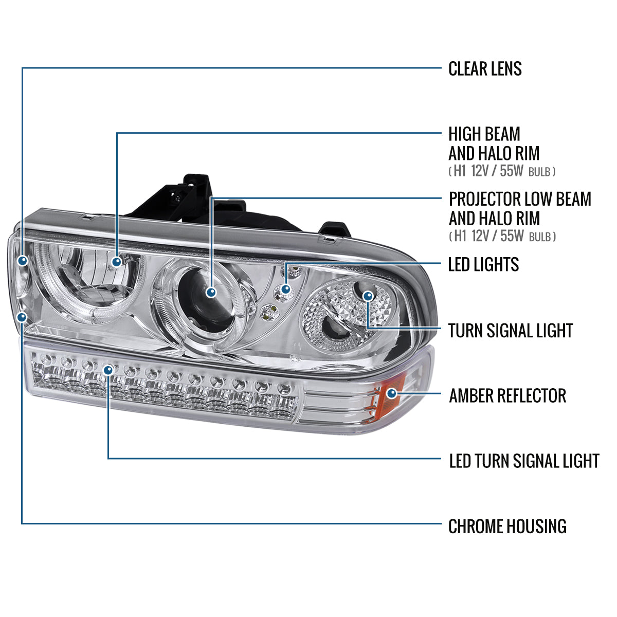 Ronnin - Fits 1998-2004 Chevy S10 Blazer Upgrade LED Halo Rims Projector Headlights + LED Turn Signal Bumper Lights Assembly Pair | Chrome
