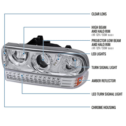 Ronnin - Fits 1998-2004 Chevy S10 Blazer Upgrade LED Halo Rims Projector Headlights + LED Turn Signal Bumper Lights Assembly Pair | Chrome