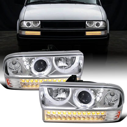 Ronnin - Fits 1998-2004 Chevy S10 Blazer Upgrade LED Halo Rims Projector Headlights + LED Turn Signal Bumper Lights Assembly Pair | Chrome