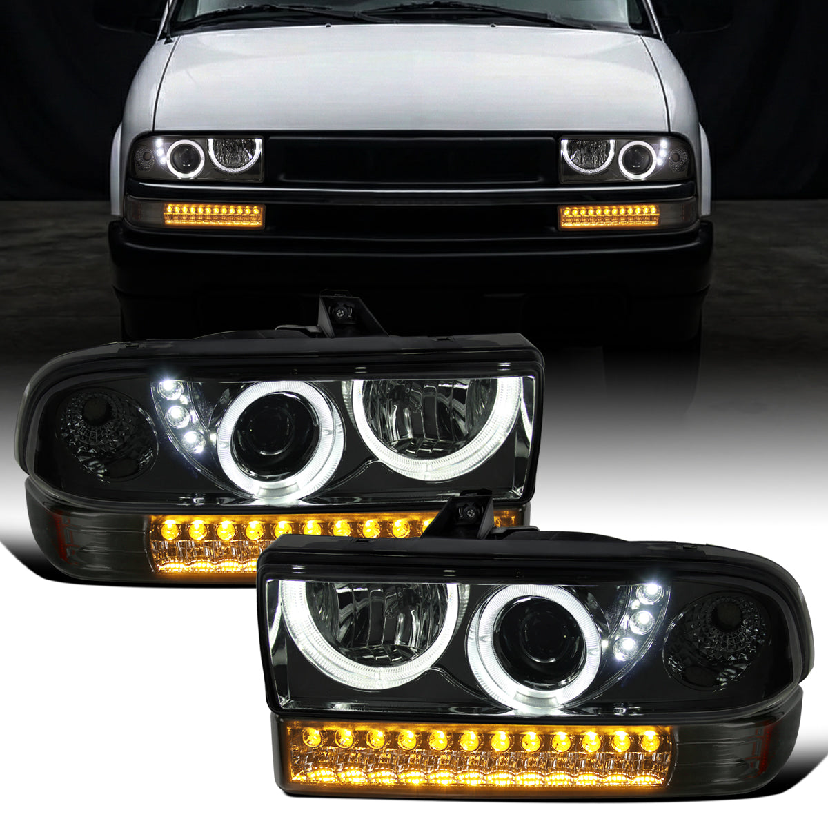 Ronnin - Fits 1998-2004 Chevy S10 Blazer Upgrade LED Halo Rims Projector Headlights + LED Turn Signal Bumper Lights Assembly Pair | Smoke