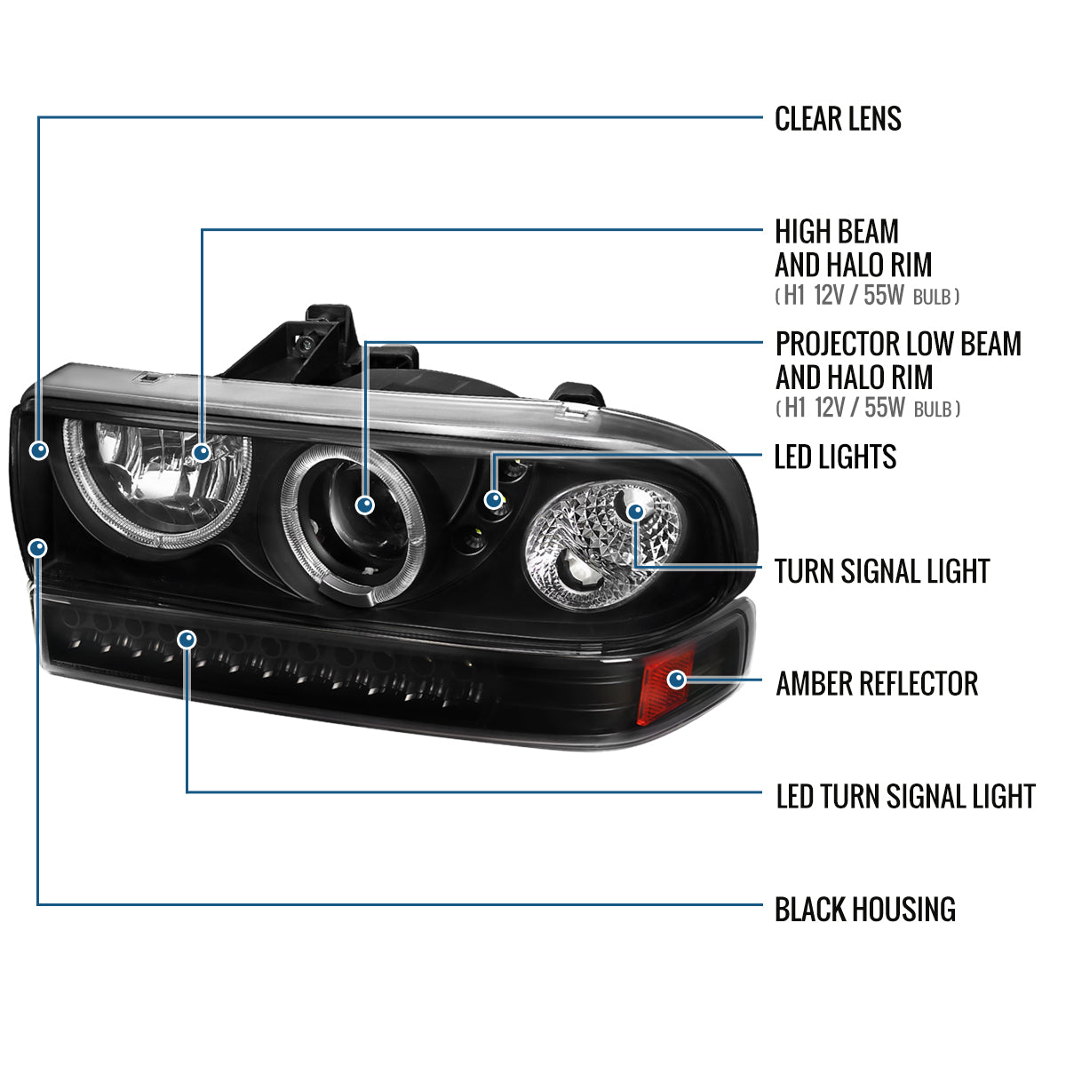 Ronnin - Fits 1998-2004 Chevy S10 Blazer Upgrade LED Halo Rims Projector Headlights + LED Turn Signal Bumper Lights Assembly Pair | Black