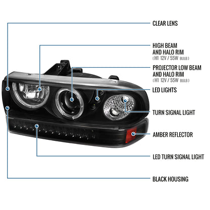 Ronnin - Fits 1998-2004 Chevy S10 Blazer Upgrade LED Halo Rims Projector Headlights + LED Turn Signal Bumper Lights Assembly Pair | Black