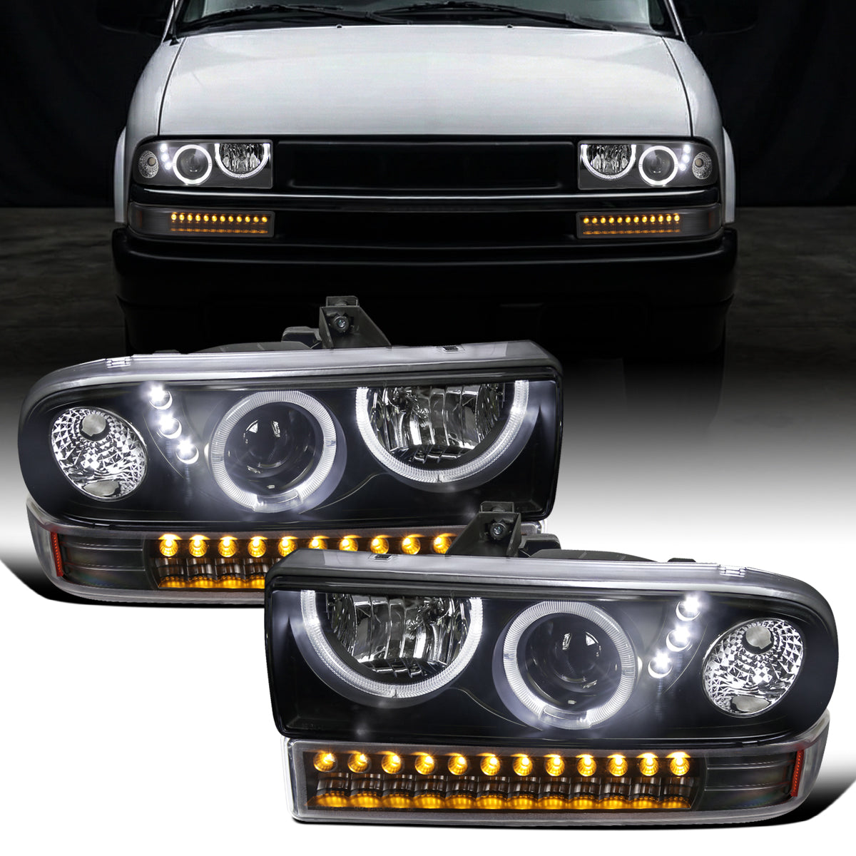 Ronnin - Fits 1998-2004 Chevy S10 Blazer Upgrade LED Halo Rims Projector Headlights + LED Turn Signal Bumper Lights Assembly Pair | Black