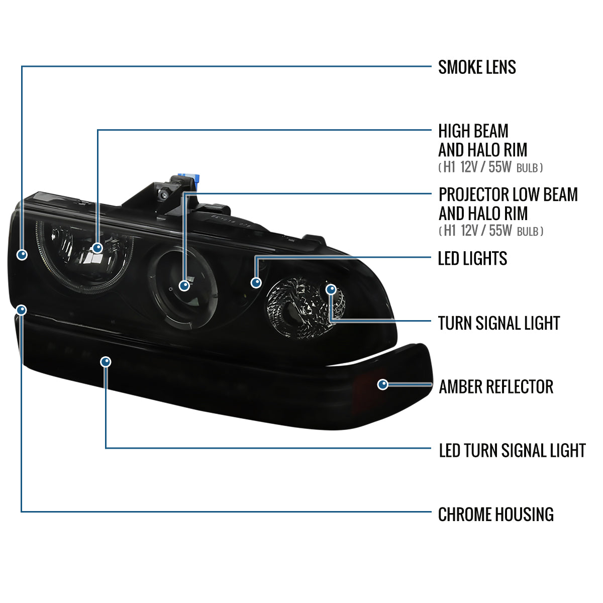Ronnin - Compatible con Chevy S10 Blazer 1998-2004 Mejora Faros delanteros con proyector y aros LED halo + Luces de parachoques LED con señal de giro, conjunto de par | Negro ahumado