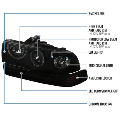 Ronnin - Compatible con Chevy S10 Blazer 1998-2004 Mejora Faros delanteros con proyector y aros LED halo + Luces de parachoques LED con señal de giro, conjunto de par | Negro ahumado