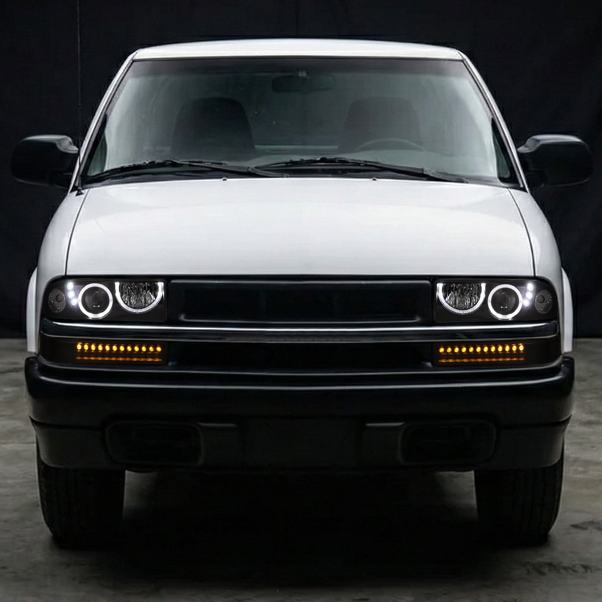 Ronnin - Compatible con Chevy S10 Blazer 1998-2004 Mejora Faros delanteros con proyector y aros LED halo + Luces de parachoques LED con señal de giro, conjunto de par | Negro ahumado