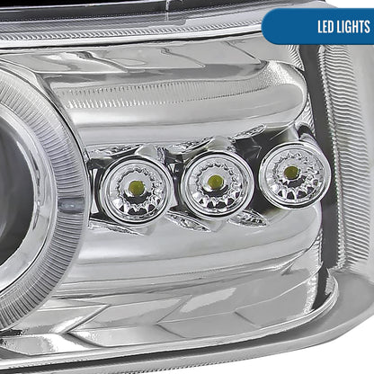 Ronnin - Fits 1999-2002 Chevy Silverado 2000-2006 Suburban Tahoe LED Dual Halo Rims Projector Headlights + Bumper Lamps Pair | Chrome