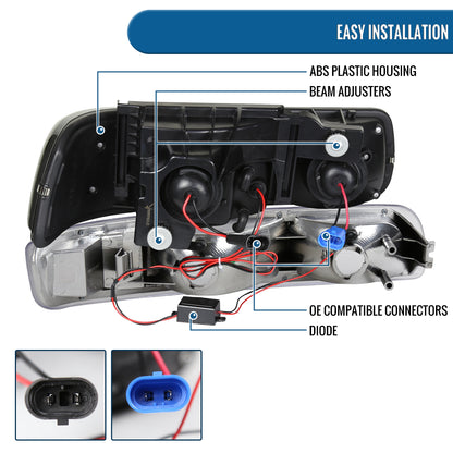 Ronnin - Fits 1999-2002 Chevy Silverado 2000-2006 Suburban Tahoe LED Dual Halo Rims Projector Headlights + Bumper Lamps Pair | Chrome