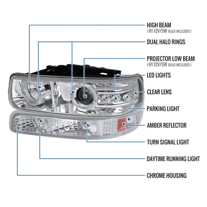 Ronnin - Fits 1999-2002 Chevy Silverado 2000-2006 Suburban Tahoe LED Dual Halo Rims Projector Headlights + Bumper Lamps Pair | Chrome