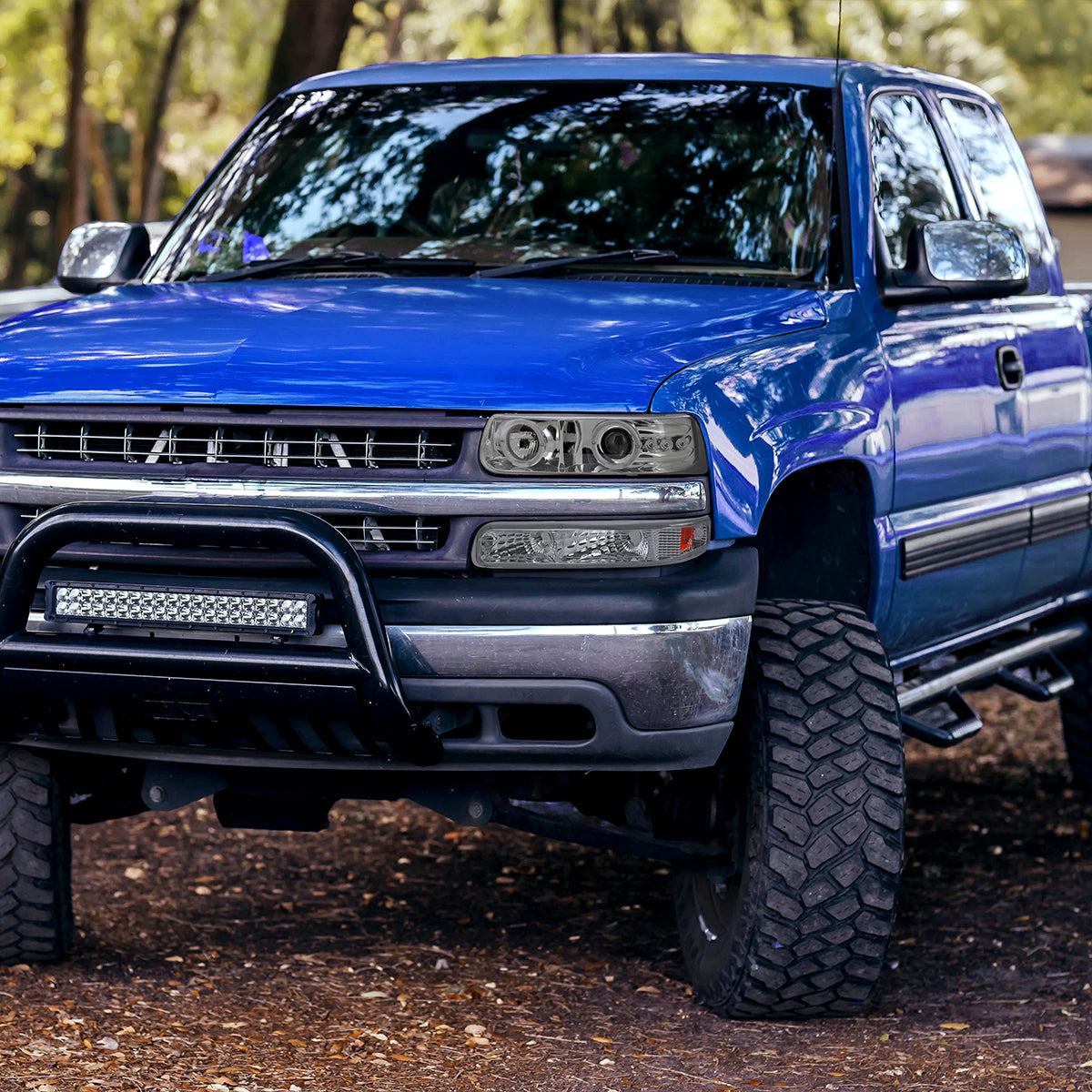 Ronnin - Fits 1999-2002 Chevy Silverado 2000-2006 Suburban Tahoe LED Dual Halo Rims Projector Headlights + Bumper Lamps Pair | Chrome