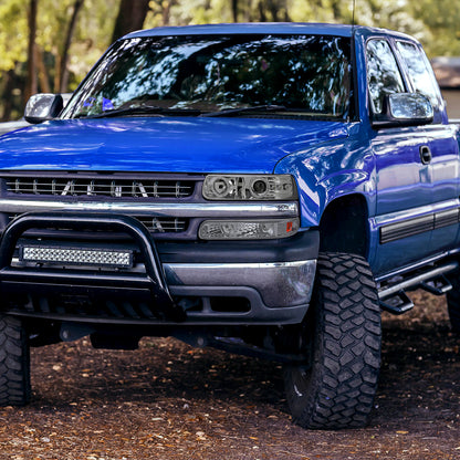 Ronnin - Fits 1999-2002 Chevy Silverado 2000-2006 Suburban Tahoe LED Dual Halo Rims Projector Headlights + Bumper Lamps Pair | Chrome