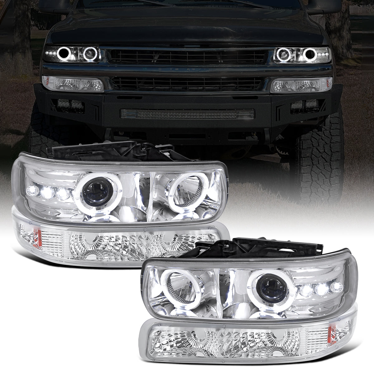 Ronnin - Fits 1999-2002 Chevy Silverado 2000-2006 Suburban Tahoe LED Dual Halo Rims Projector Headlights + Bumper Lamps Pair | Chrome