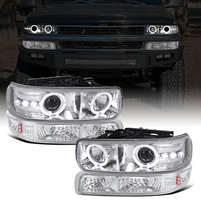 Ronnin - Fits 1999-2002 Chevy Silverado 2000-2006 Suburban Tahoe LED Dual Halo Rims Projector Headlights + Bumper Lamps Pair | Chrome