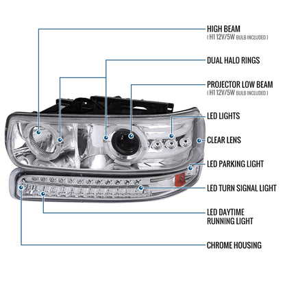 Ronnin - Fits 1999-2002 Silverado 2000-2006 Suburban Tahoe LED Dual Halo Rims Running Lights Projector Headlights + Full LED Bumper Lamps Assembly Pair | Chrome