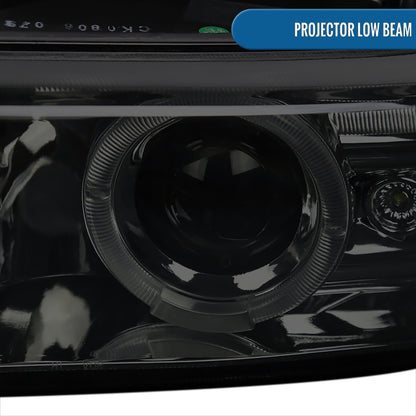 Ronnin - Fits 1999-2002 Chevy Silverado 2000-2006 Suburban Tahoe LED Dual Halo Rims Projector Headlights + Bumper Lamps Pair | Smoke