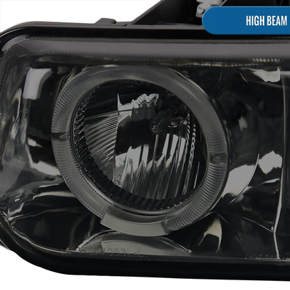 Ronnin - Fits 1999-2002 Chevy Silverado 2000-2006 Suburban Tahoe LED Dual Halo Rims Projector Headlights + Bumper Lamps Pair | Smoke