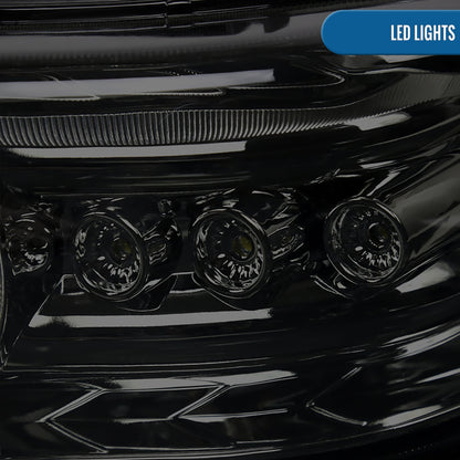Ronnin - Fits 1999-2002 Chevy Silverado 2000-2006 Suburban Tahoe LED Dual Halo Rims Projector Headlights + Bumper Lamps Pair | Smoke