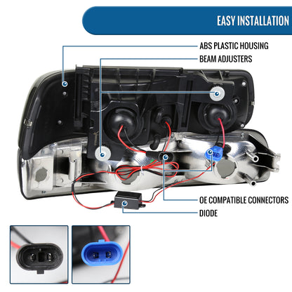 Ronnin - Fits 1999-2002 Chevy Silverado 2000-2006 Suburban Tahoe LED Dual Halo Rims Projector Headlights + Bumper Lamps Pair | Smoke