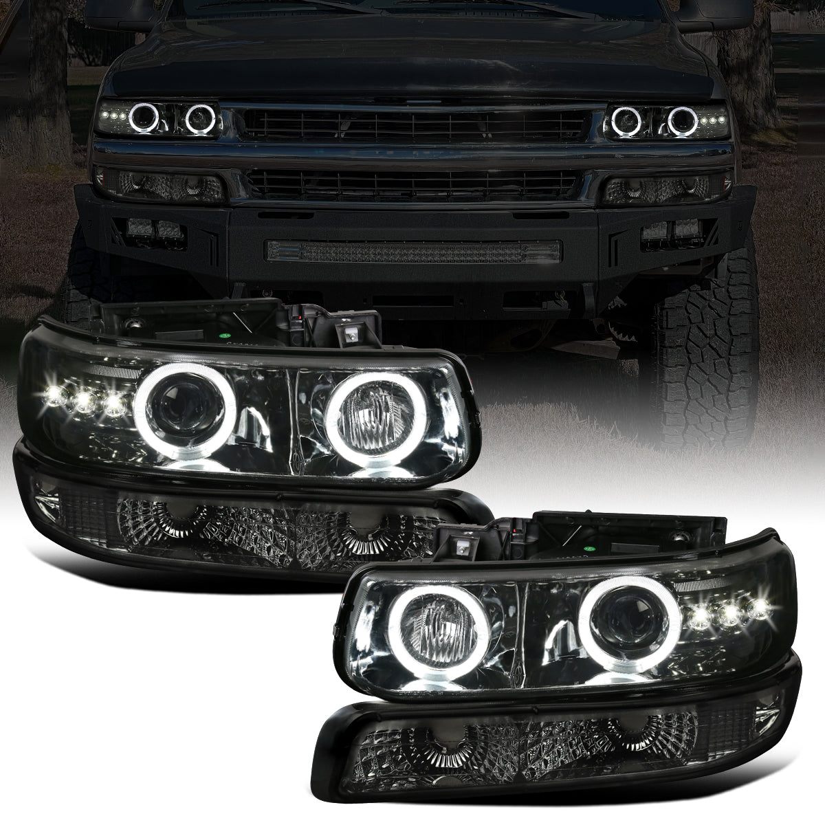 Ronnin - Fits 1999-2002 Chevy Silverado 2000-2006 Suburban Tahoe LED Dual Halo Rims Projector Headlights + Bumper Lamps Pair | Smoke