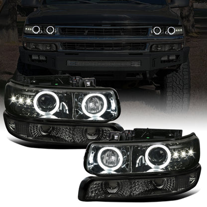 Ronnin - Fits 1999-2002 Chevy Silverado 2000-2006 Suburban Tahoe LED Dual Halo Rims Projector Headlights + Bumper Lamps Pair | Smoke